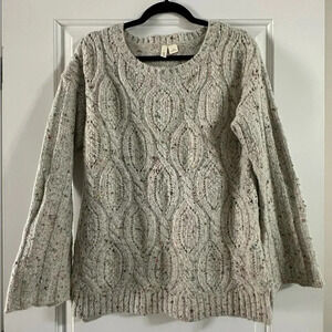 Anthropologie Moth M Cable Knit Tunic Sweater Bell Sleeve Light Gray Confetti